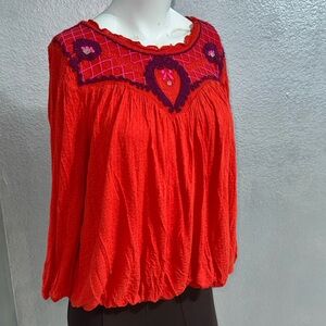 Free People Red Embroidered Blouse
